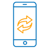 Trade in & Upgrade Icon Blue and orange icon of a mobile phone with orange arrows on the screen