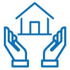 Blue icon of hands holding a house