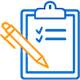 Blue and orange icon showing a checklist clipboard with a pencil