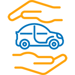 Icon with yellow hands above and below a blue car