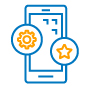 Hassle Free Icon Blue and orange icon of a cell phone with smaller circles around it