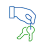 Blue and green icon of hands dangling a set of keys