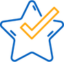 Blue and orange icon of a star with a checkmark