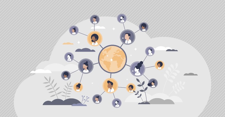 Graphic of web of people connected around the globe