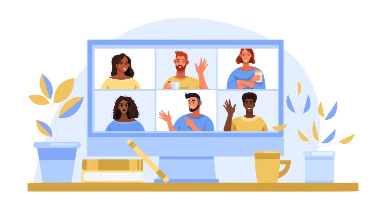 Animated image of computer video call with diverse people waving and communicating