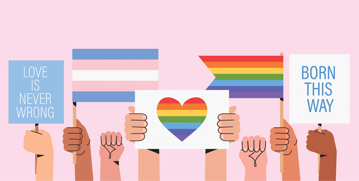 Animated image of diverse hands holding flags and signs supportive of LGBTQ+