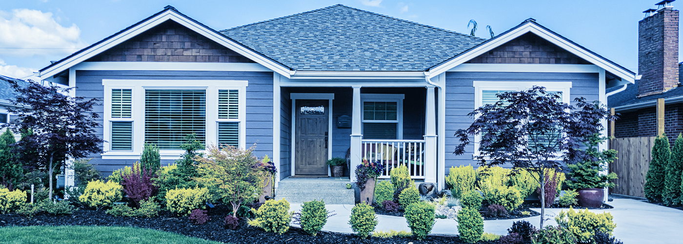AIZ.COM LS BANNER IMAGE FOR 2021 Image of a house with a landscaped yard and a blue tint overlaying the image