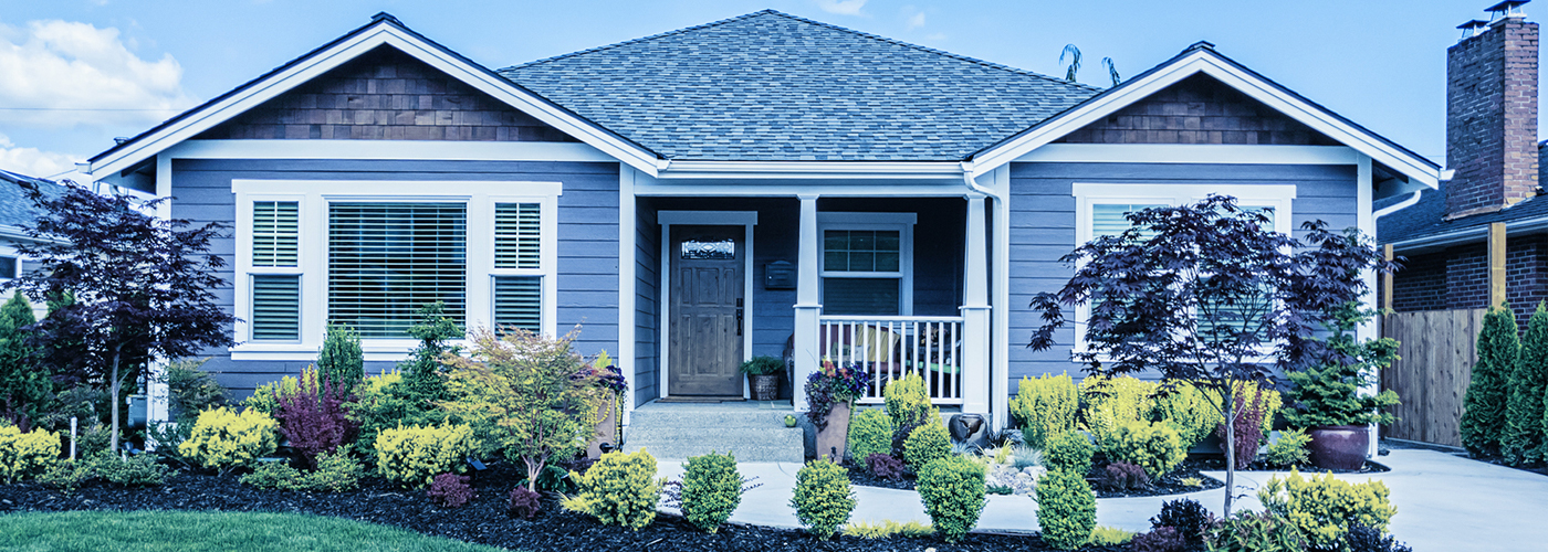 Image of a house with a landscaped yard and a blue tint overlaying the image