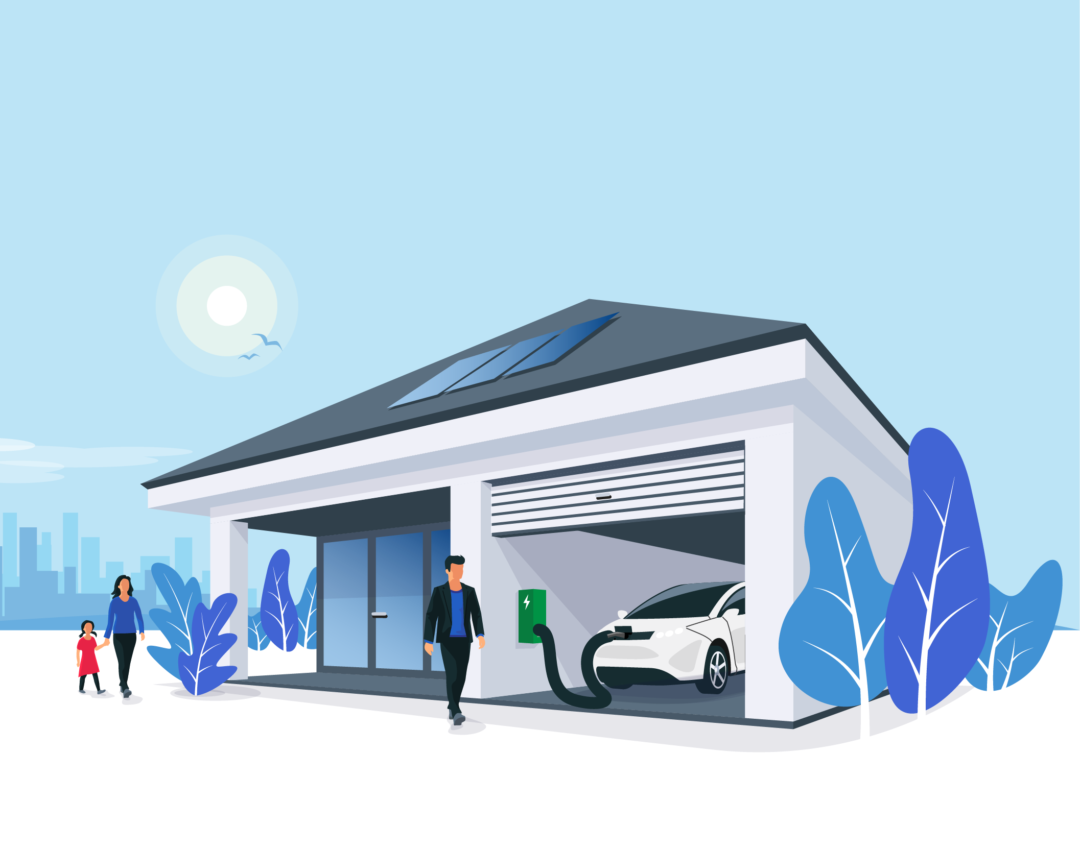 Graphic of a family charging their electric vehicle in their home