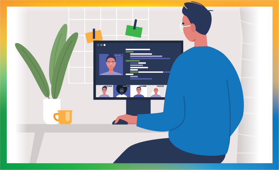 Graphic showing a man looking at his computer with a plant and coffee mug on his desk