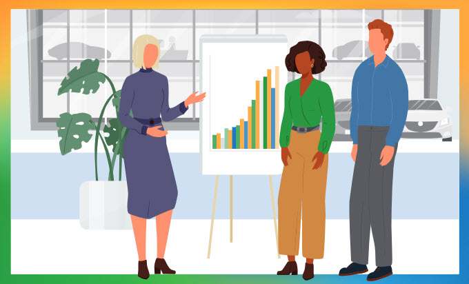 Color illustration of three people in a dealership looking at a chart
