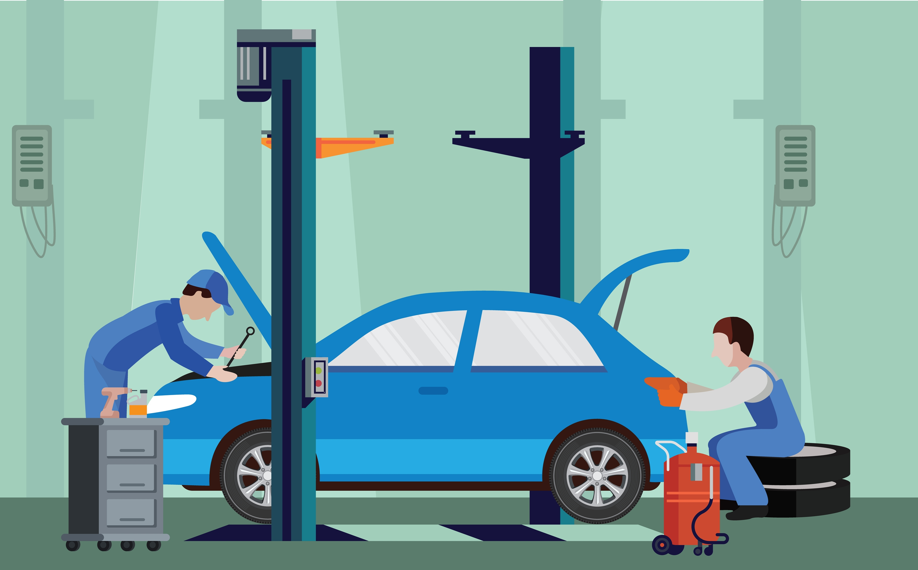 Two mechanics servicing vehicle
