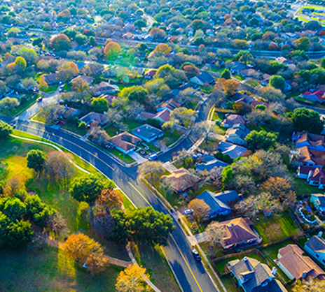 overhead drone photo of neighborhood